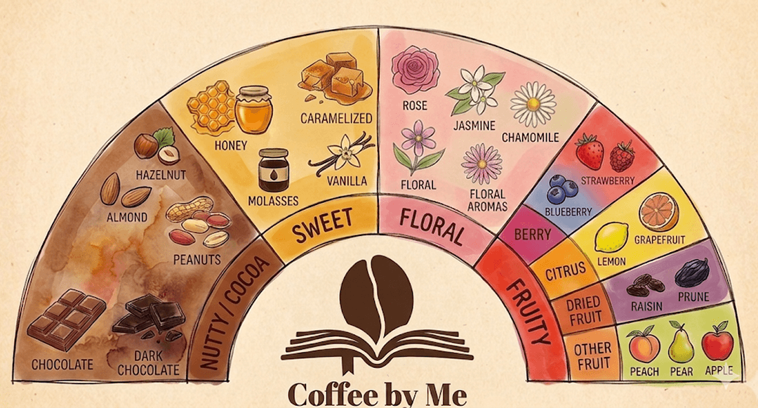 CoffeeByMe Flavor Wheel — Nutty & Cocoa, Sweet, Floral, Fruity